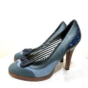 L.A.M.B Blue Leather Oxford Platform Heels Bows Snakeskin Size 9